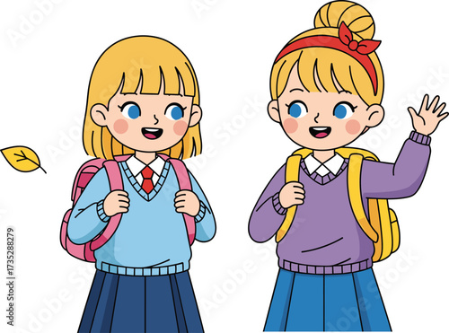 Cartoon Schoolgirls in Uniform – Cheerful Characters with Backpacks and Autumn Leaf – Vector Icons for Education, Childhood, School Themes