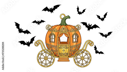 Enchanted Carriage and Bats: An illustration of a whimsical carriage, designed as a large pumpkin, is surrounded by a flurry of bats. It evokes a sense of Halloween spirit.