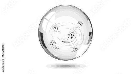 Mystic Orb of Spirits: A crystal sphere holds within its depths a spectral dance of ethereal ghosts, rendered in a minimalist illustration, sparking curiosity and mystery. 