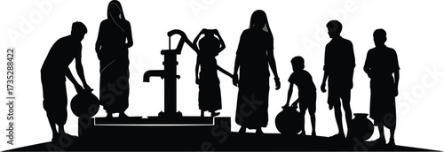 Silhouette of People Gathering Water at a Well, Community and Support
