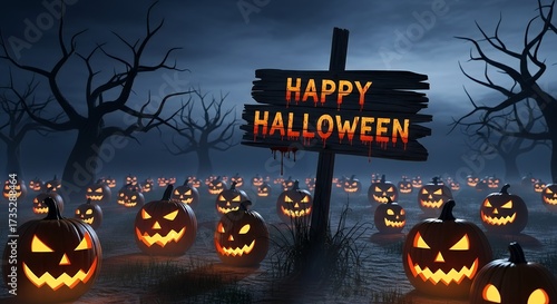 Haunted pumpkin patch at midnight, glowing pumpkins surrounding a crooked wooden sign that says “Happy Halloween