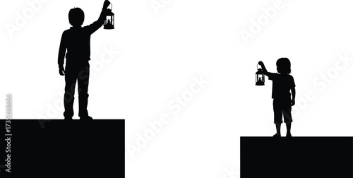 Children holding lanterns on platforms silhouette vector showing guidance, connection, disparity, hope, and emotional storytelling in black illustration