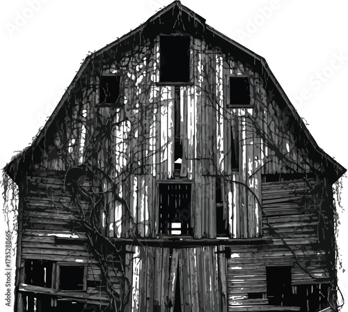 Weathered wooden barn with overgrown vines, rural decay and abandonment