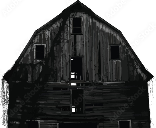 Decayed wooden barn with vines, evoking rural decay and abandonment