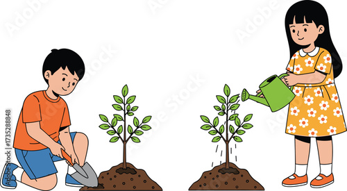Cartoon children planting and watering trees, boy and girl in garden scene promoting teamwork, environmental care, and nature-friendly habits