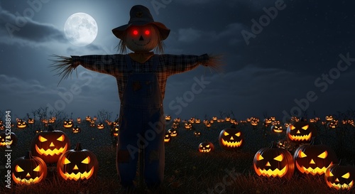 Scarecrow with glowing eyes standing guard in a field of jack-o’-lanterns at night