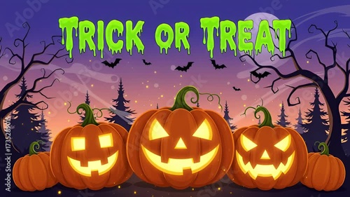 Get ready for spooky fun with this animated Halloween scene featuring grinning pumpkins and bats flying under the moonlight