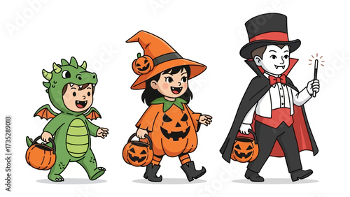 Spirited Halloween Trio: A vibrant illustration of children in whimsical Halloween costumes, ready for trick-or-treating, radiating excitement and festive spirit. 