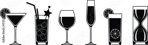 Cocktail and Wine Glass Silhouette Set – Garnished Drinkware Vector Icons for Beverage, Bar, Hospitality, Party, Restaurant, Branding Themes