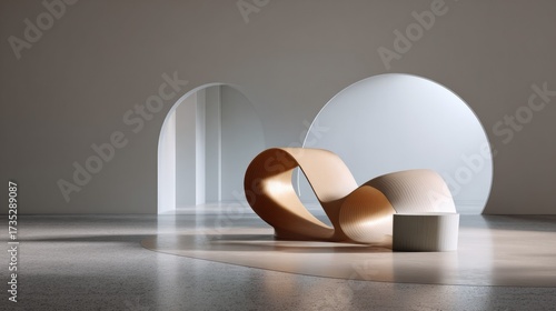 Abstract Composition: A captivating dance of light and shadow illuminates a minimalist setting with flowing ribbons. a serene ambience, evoking curiosity, balance and aesthetic refinement.