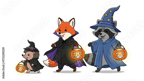 Whimsical Halloween Trio: A charming illustration of a hedgehog, a fox, and a raccoon, each dressed in playful Halloween costumes, carry glowing jack-o'-lanterns.