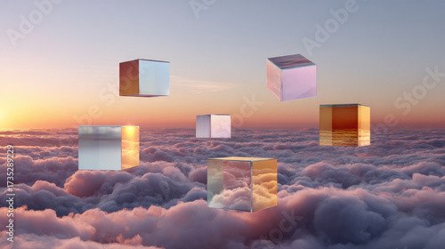 Floating Cubes: A collection of reflective cubes hover effortlessly above a sea of clouds, each surface mirroring the sky and horizon, creating a surreal and artistic juxtaposition.