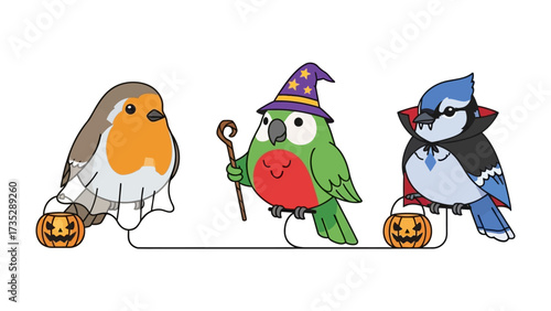 Halloween Birds Costume: Three adorable birds dressed up in Halloween costumes pose playfully, bringing a festive atmosphere and a touch of the holiday spirit to life.