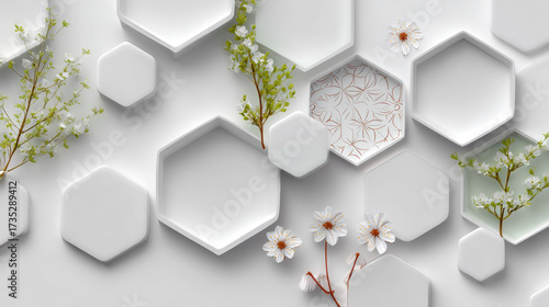 Hexagon Texture with Floral Element: A visually striking, geometric arrangement of hexagonal forms, accented by delicate floral elements, creating a blend of modern design and natural elegance.