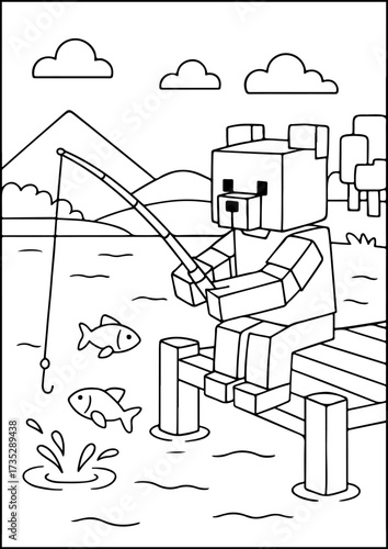 A blocky bear character fishing at a lake, created as a black-and-white coloring page.