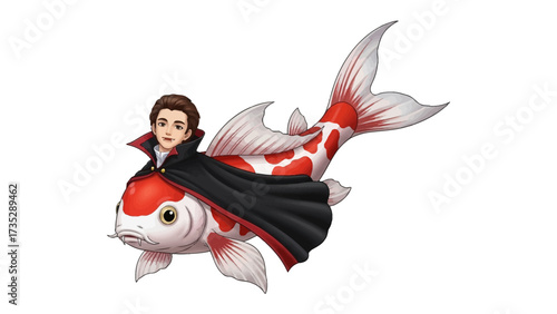 Fantasy of Koi Carp: A young individual in a stylish cape rides a beautifully painted koi carp. Creating an imaginative scene where fantasy meets reality. 