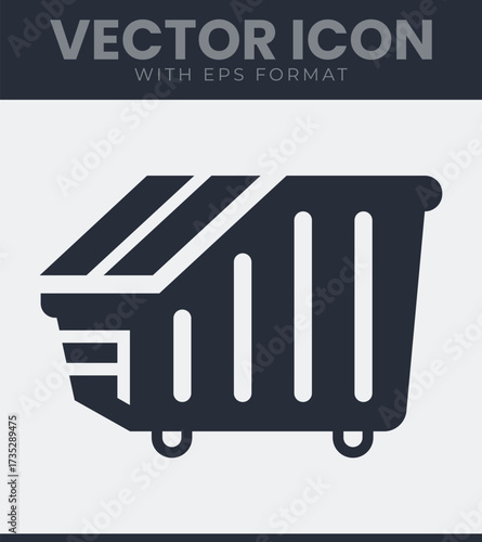 Dumpster bin trash container vector icon. Waste, garbage, rubbish, recycling, collection, skip, industrial, residential, cleanup, hauling, storage and more. Solid vector symbol illustration