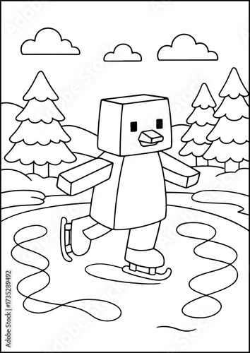 A blocky penguin character ice skating on a frozen pond, perfect as a black-and-white coloring page.