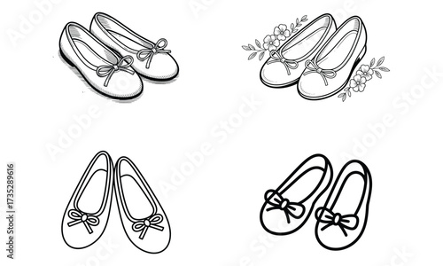 Ballet shoes drawing set with bow and floral decoration in black and white design 
