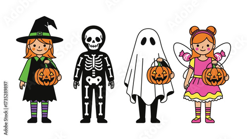 Halloween Characters in Costumes: A collection of cute children dressed in classic Halloween costumes, holding pumpkin buckets. Celebrating the magic and wonder of Halloween.