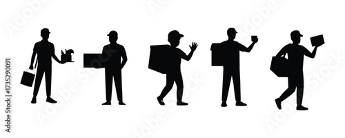 Delivery men silhouette set vector on white background.   person, box, carry, man, woman, package, delivery, courier, male, female, worker, symbol.