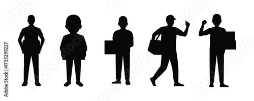 Delivery men silhouette set vector on white background.   person, box, carry, man, woman, package, delivery, courier, male, female, worker, symbol.