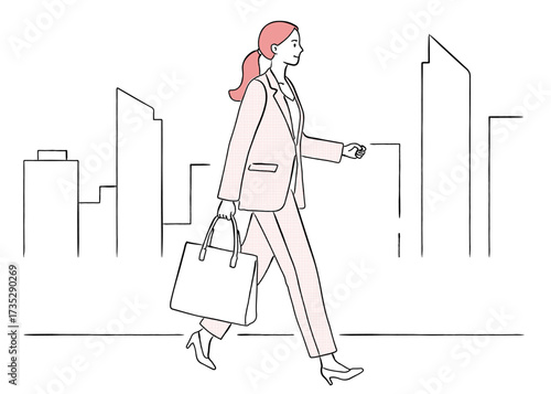 ビル街を歩くキャリアウーマンの線画イラスト,通勤,ビジネス,女性