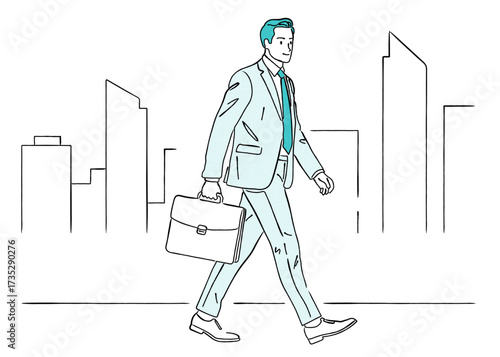 ビル街を歩くビジネスマンの線画イラスト,通勤,営業,キャリア