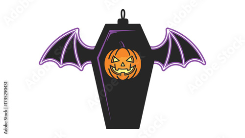 Halloween Coffin Ornament: A spooky and festive Halloween ornament, shaped like a coffin with bat wings and a Jack-o'-lantern, embodies the spirit of the autumn holiday, inviting intrigue and delight.