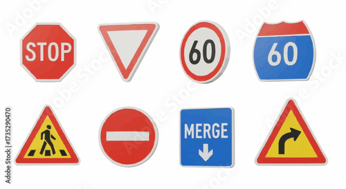 Essential road signs collection for safe driving and transportation awareness, perfect for educational or safety-related content, originally a vector graphic