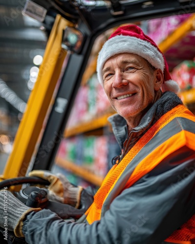 An industrial forklift operator in mandatory safety gear and a Santa hat looks at the camera. Highlights work safety and industrial operations during the holidays.