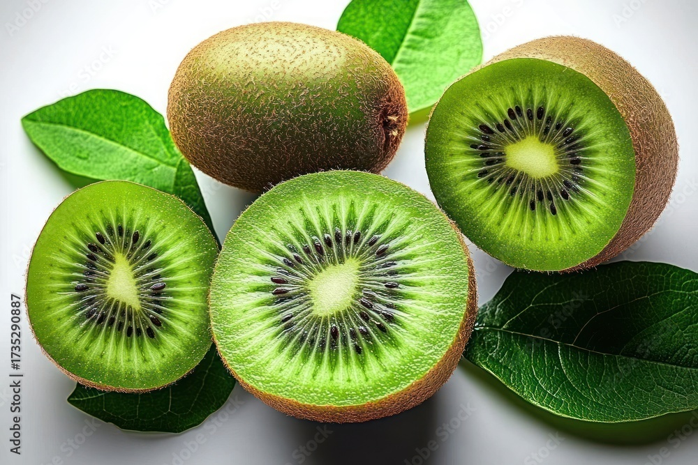 Fototapeta premium Fresh green kiwi fruits with fuzzy brown skin sliced in half revealing bright green flesh and black seeds arranged on green leaves