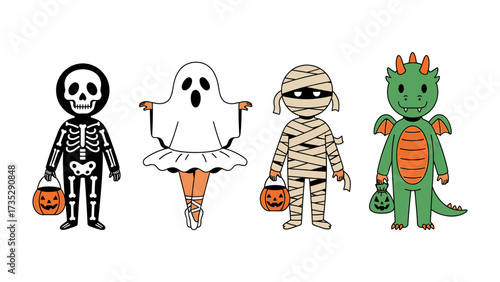 Halloween Costume Lineup: An adorable group of Halloween characters, including a skeleton, a ghost, a mummy, and a dragon, stands in a row.