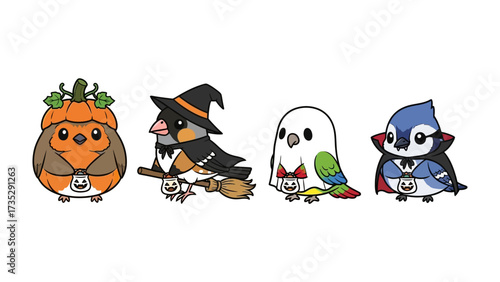 Halloween Bird Characters: Adorable cartoon birds in various Halloween costumes create a fun and festive atmosphere, ready to delight viewers with their playful charm.