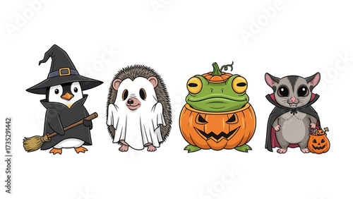 Halloween Animal Parade: A cute illustration of animals ready for Halloween, with a penguin witch, a hedgehog ghost, a frog-pumpkin, and a vampire mouse.