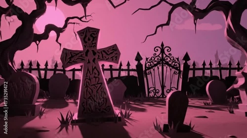 Eerie graveyard scene with twisted trees and glowing moon creating a spooky Halloween atmosphere in animated video sequence