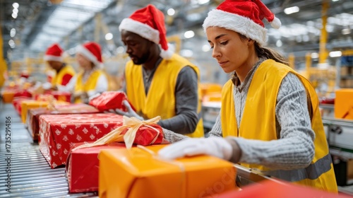 Retail workers busy preparing red gift packages for dispatch during the peak holiday shopping period. Symbolizing seasonal sales, order processing, and customer demand.