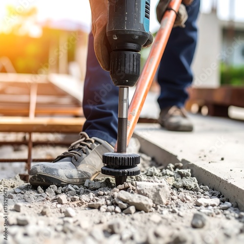 Construction worker using a drill on concrete.  Close-up view of drill bit in action