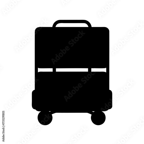 A simple black silhouette of a suitcase with a handle and wheels
