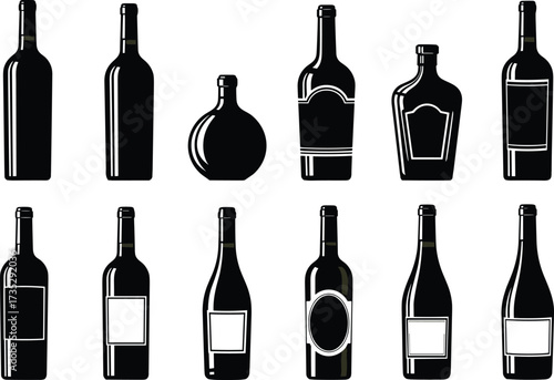 Stylized bottle silhouette vector set with diverse shapes, label designs, packaging icons, branding elements, black and white illustration