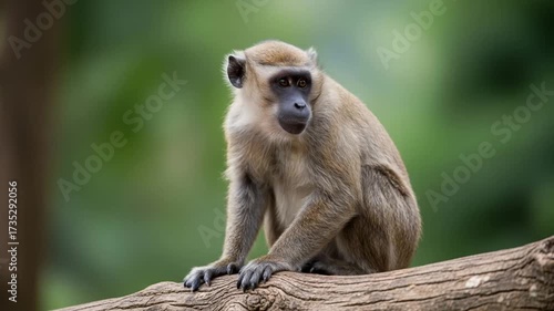A monkey sits on a tree branch with a blurred green background