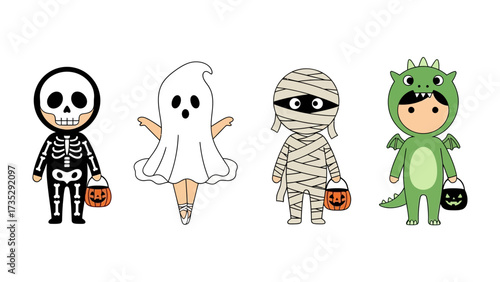 Spooky Squad: Captivating quartet of Halloween figures, each in unique, kid-friendly costumes, exuding the festive essence of the holiday season and adding a touch of enchanting joy to any project.