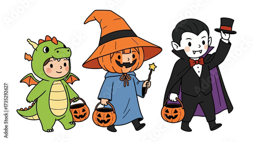 Whimsical Halloween Parade: Three playfully costumed figures, a friendly dragon, a cheerful jack-o'-lantern, and a dapper vampire, embark on a merry Halloween parade.