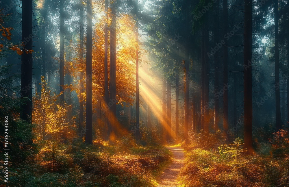 Obraz premium Sunlight streaming through tall evergreen trees illuminating a forest path with autumn foliage creating a serene and magical atmosphere