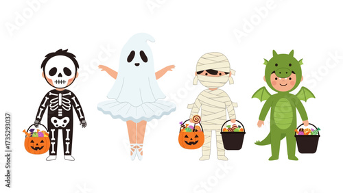 Costumed Kids at Halloween: Delightful children in a variety of costumes, each clutching a candy-filled bucket, captured in a playful illustration, ready for Trick or Treat.