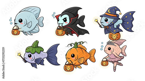 Halloween Fish Characters: Playful cartoon illustrations of whimsical fish characters in festive Halloween costumes, each holding a miniature jack-o'-lantern candy basket.