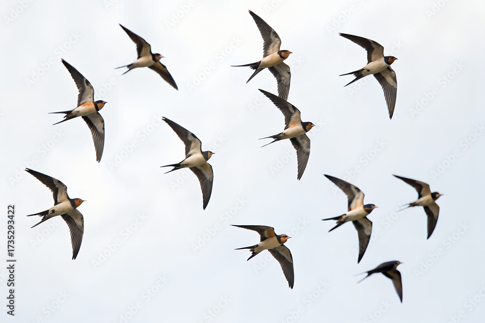 Obraz premium Flock of Barn Swallows Flying Isolated on White