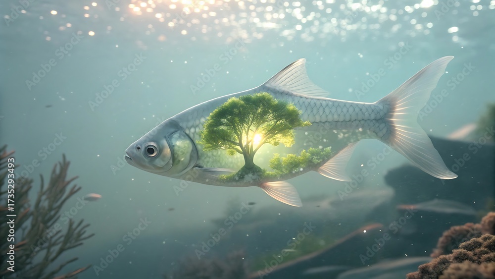 Fototapeta premium Surreal underwater scene a translucent fish with a lush green forest reflected within its body