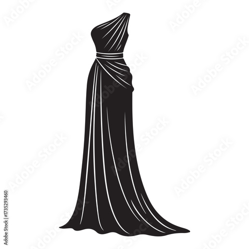  Black Silhouette of a Draped One-Shoulder Goddess-Style Evening Gown
