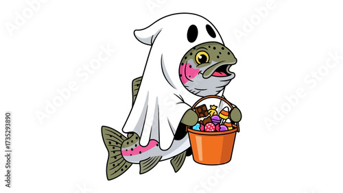 Spooky Treat Hunter: A whimsical illustration of a rainbow trout fish dressed in a playful ghost costume, enthusiastically carrying a bucket overflowing with colorful Halloween candy.